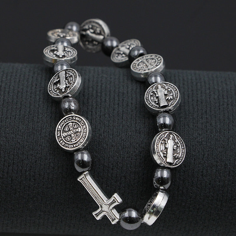 Hematite Saint Benedict Rosary Bracelet