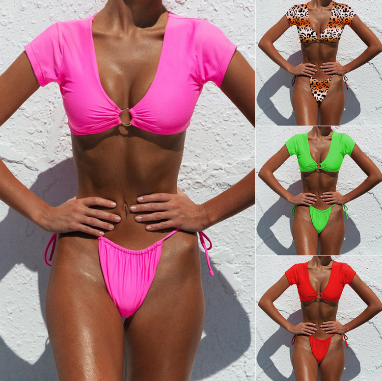 Leopard Short-Sleeve Crop-Top Bikini Set