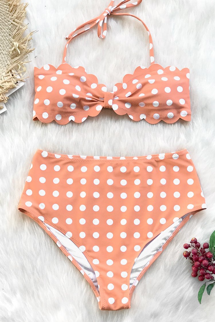 Women's Coral Polka Dot Scalloped High-Waist Bikini Set