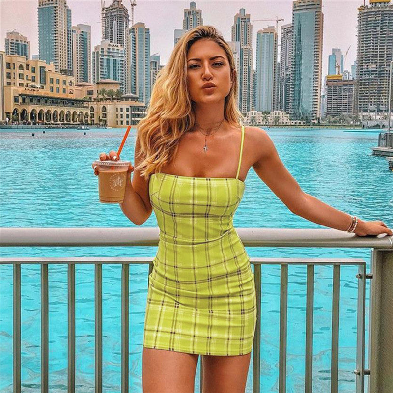 Autumn Plaid Bodycon Dress with Spaghetti Straps