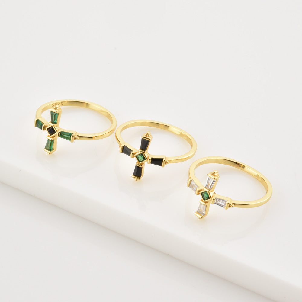 T-shaped Black & Green Cross Ring