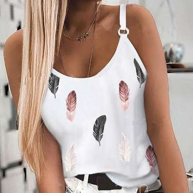 Women's Summer Feather Print Spaghetti Strap Tank Top