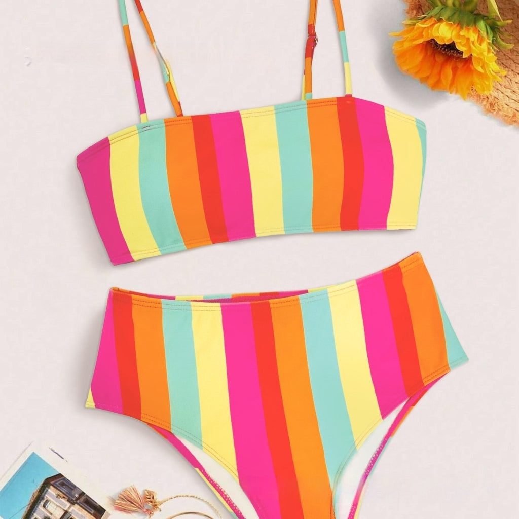 Rainbow Stripe High-Waist Bikini Set