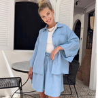 Women's Fashion Casual Loose-fitting Solid Color Long Sleeves Shorts Suit
