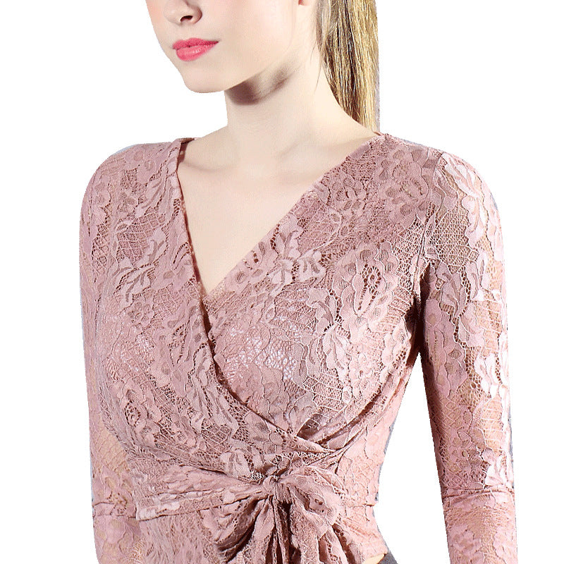 Summer Lace Deep V Long Sleeve Crop Top for Women