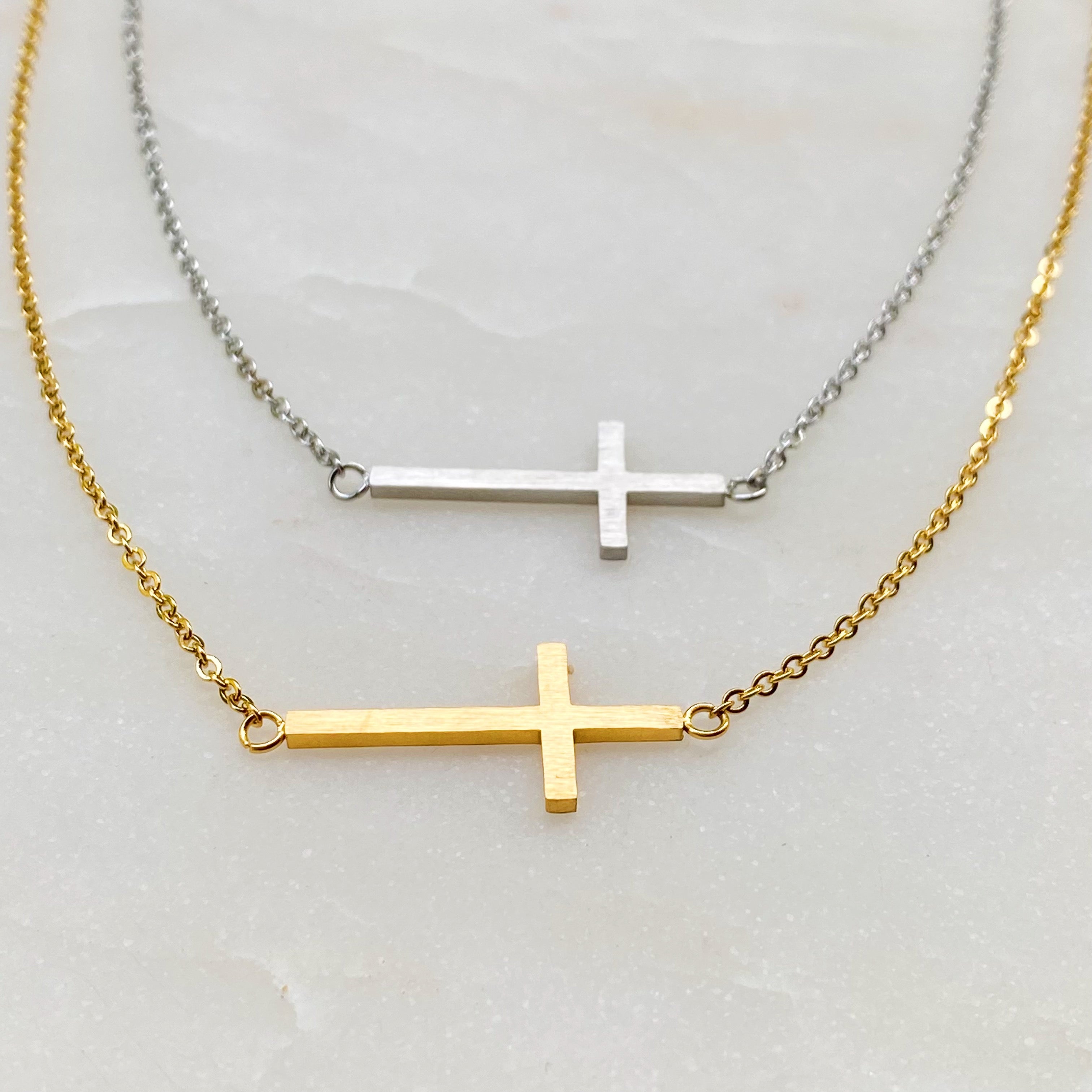 Sideways Cross Necklace - Silver