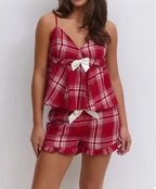 Women's Casual Plaid Bow Tie Camisole Set