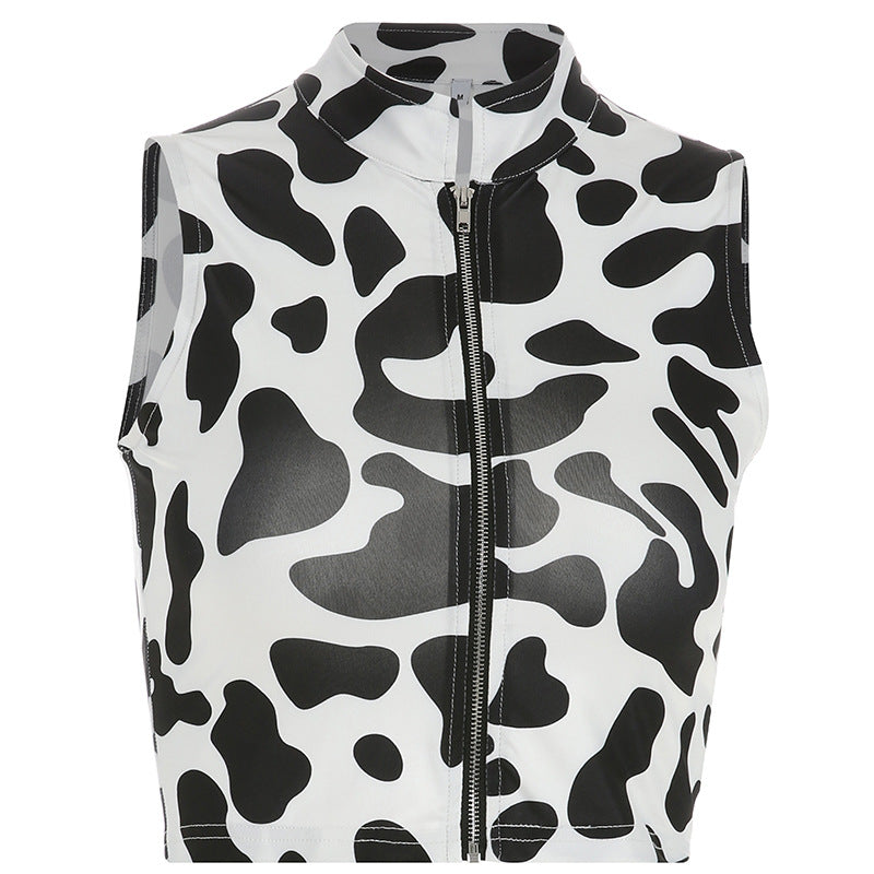 Cow Print Zip Crop Top with Matching Pants