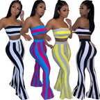 Candy Color Crop Top and Striped Flare Pants Set