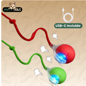 Interactive Smart Rolling Pet Ball, USB-C Rechargeable Automatic Moving Cat & Dog Toy with LED Light and Rope Tail