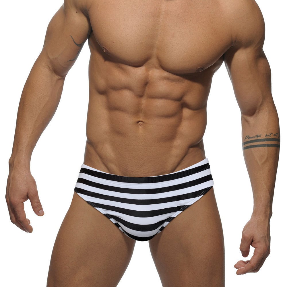 Men's Black and White Striped Swim Briefs