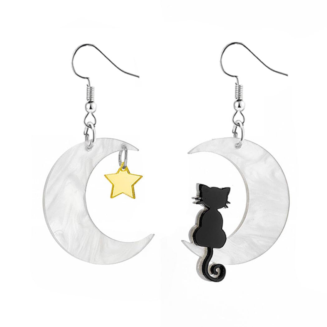 Cat and Moon Star Earrings
