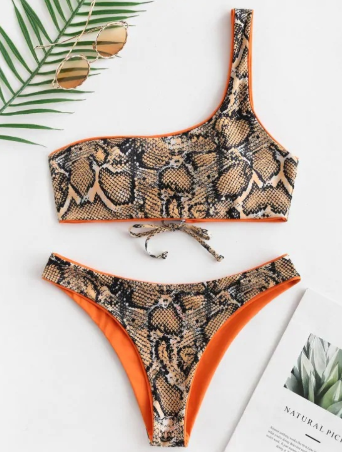Snake Print One-Shoulder Bikini Set