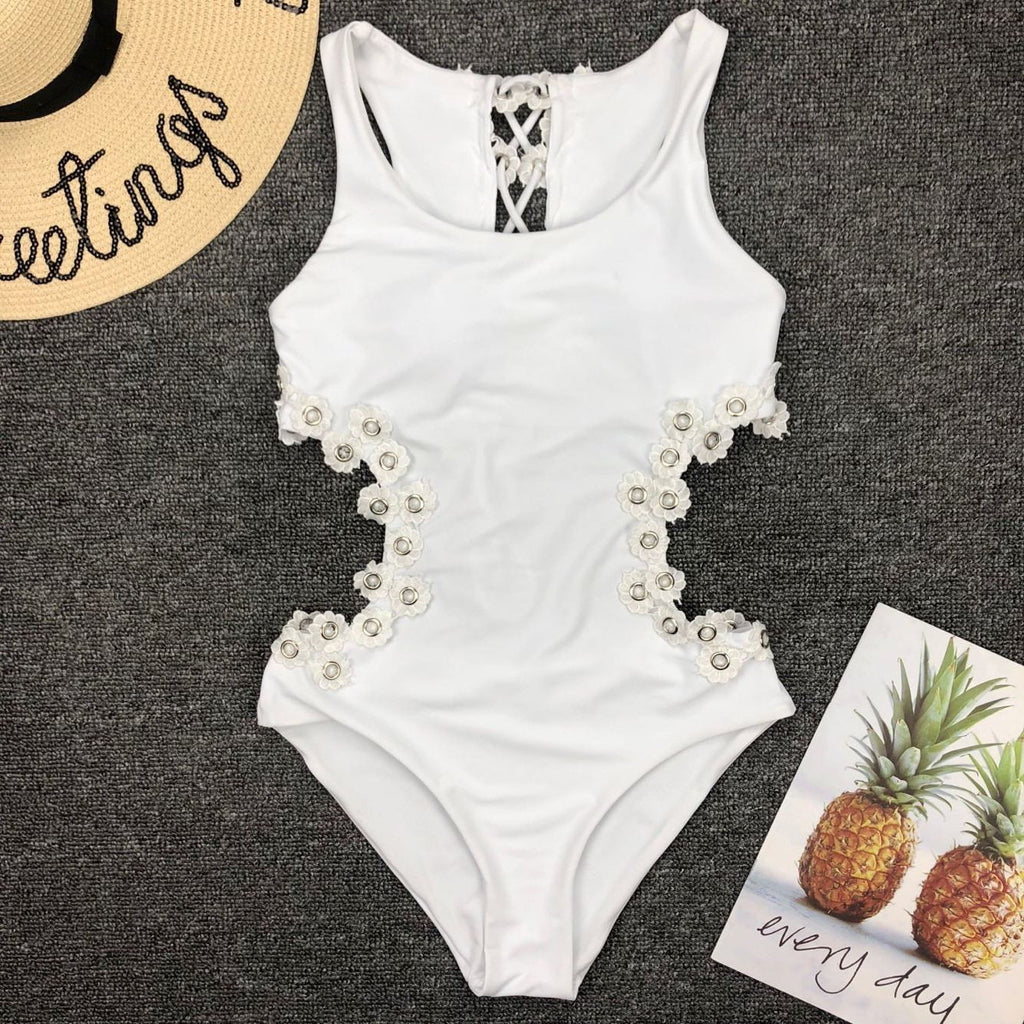 White Floral Cutout One-Piece Swimsuit