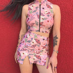 Women's Sexy Butterfly Print Zipper Tank Top Set