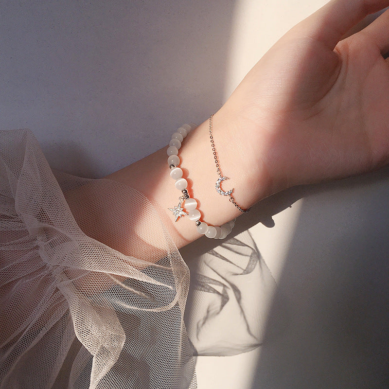 Star and Moon Cat's Eye Stone Bracelet Set