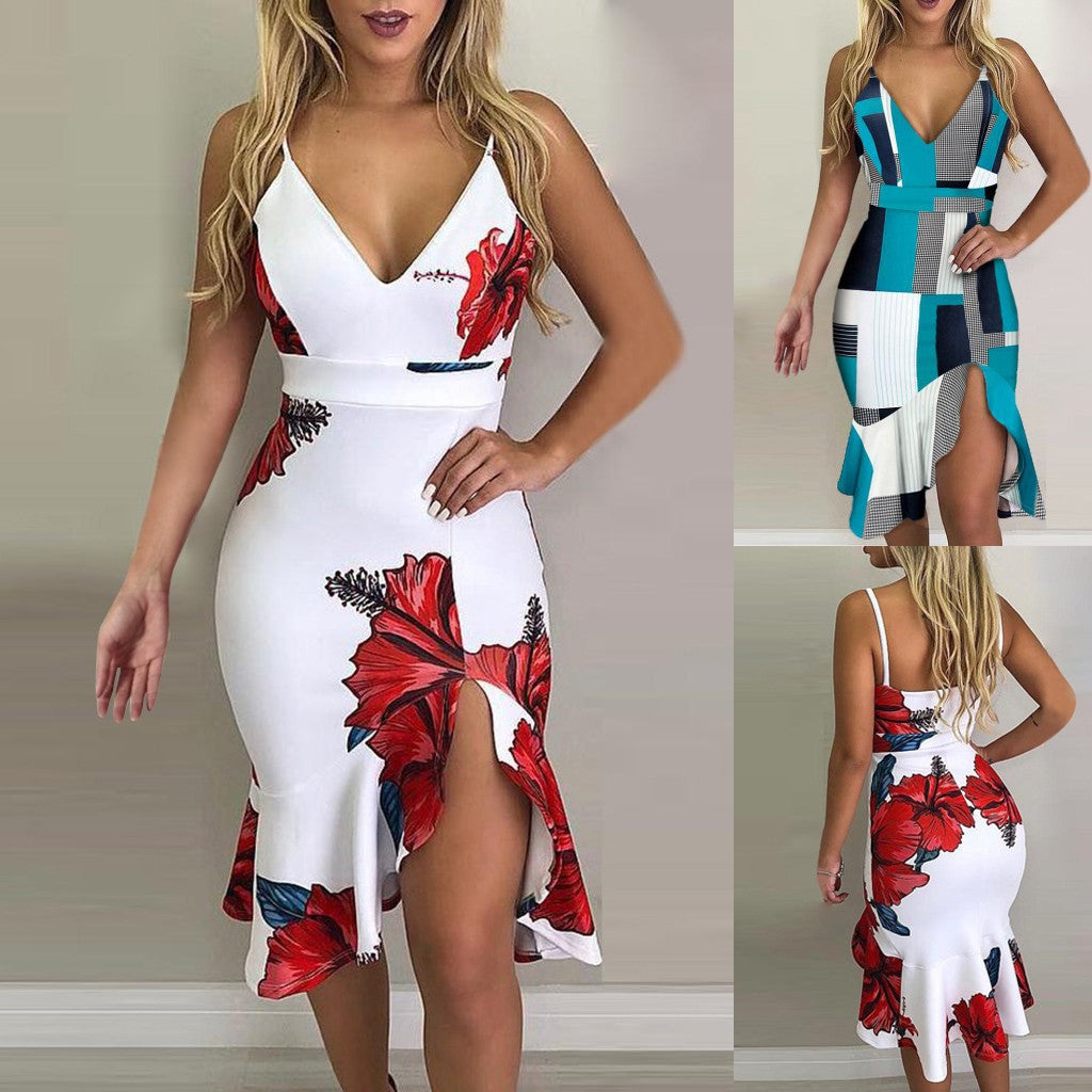 Floral Print V-Neck Ruffle Slit Bodycon Midi Dress