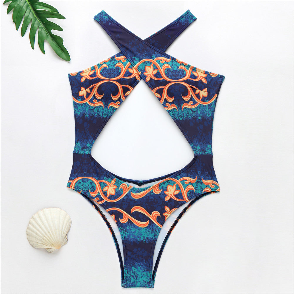 Baroque Print Cross-Front Cutout One-Piece Swimsuit
