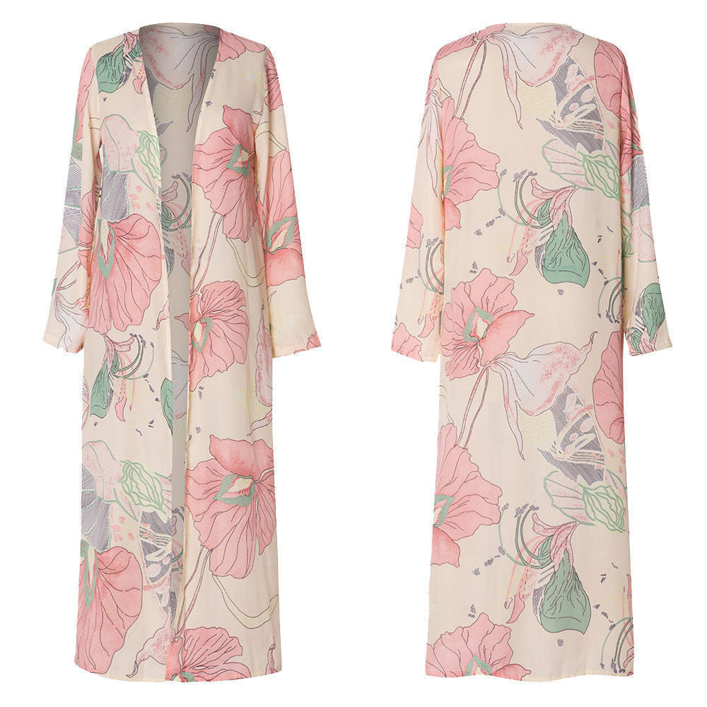 Printed Chiffon Cardigan, Long Beach Cover-Up