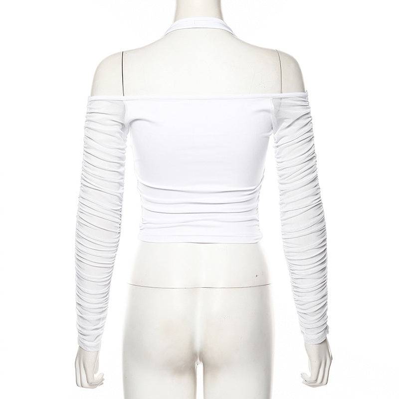 Sheer Long Sleeve Backless Crop Top with Zipper