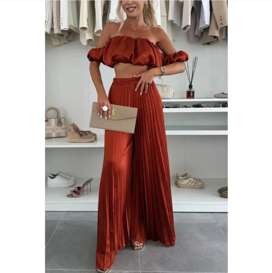 Women’s Satin Tube Top and Wide Leg Pants Set