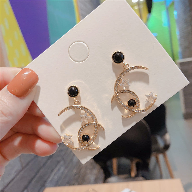 Korean Style Cross Moon Earrings with Silver Pins