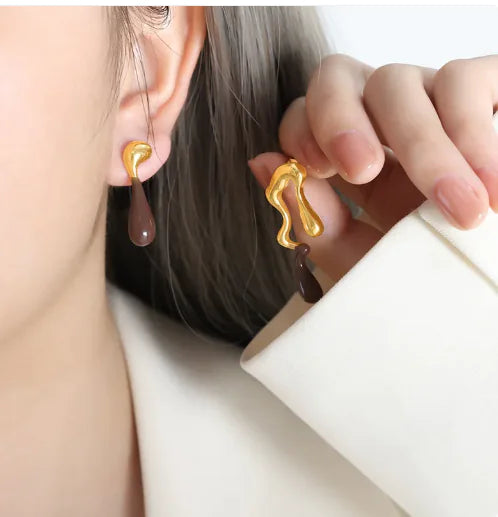 European And American Antique Titanium Steel Water Droplets Asymmetric Enamel Earrings | Jewelry
