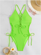 Women's Ribbed Lace-Up Plunge One-Piece Swimsuit