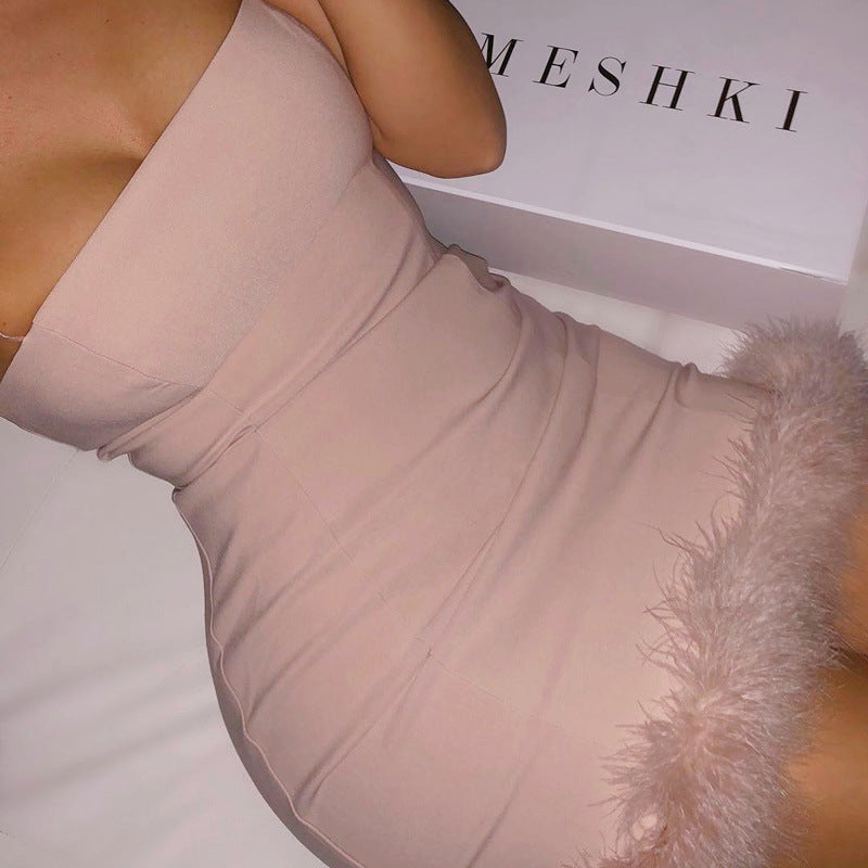 Feather Trim Spaghetti Strap Bodycon Mini Dress