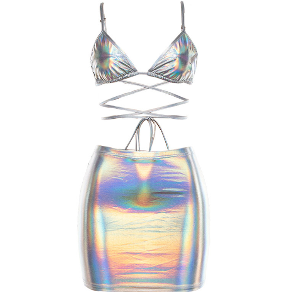 Shiny Silver Bodycon Skirt and Camisole Set