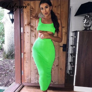 Summer Solid Color Crop Top and Long Dress Set