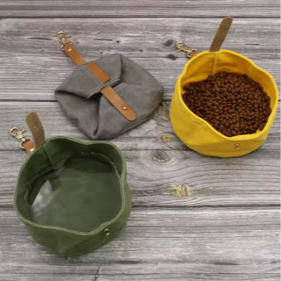 Foldable Travel Dog Bowl, Portable Canvas Pet Food & Water Dish with Clip, Collapsible Feeding Bowl for Walking & Hiking, Lightweight