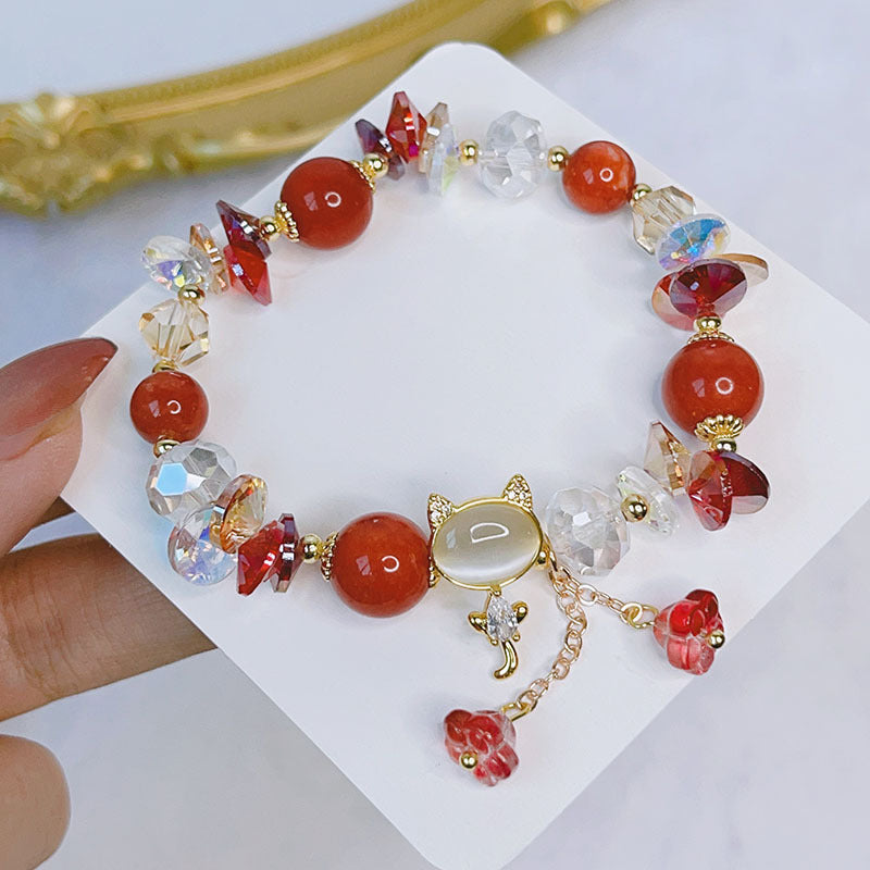 Green Crystal Beaded Bracelet with Opal Cat Charm