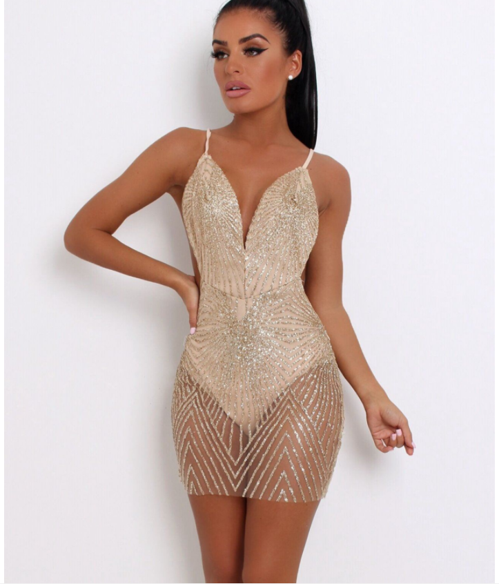 Sheer Sequin Spaghetti Strap Bodycon Mini Dress