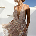 Backless Sequin Maxi Dress with Spaghetti Straps