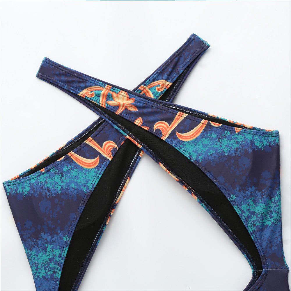 Baroque Print Cross-Front Cutout One-Piece Swimsuit