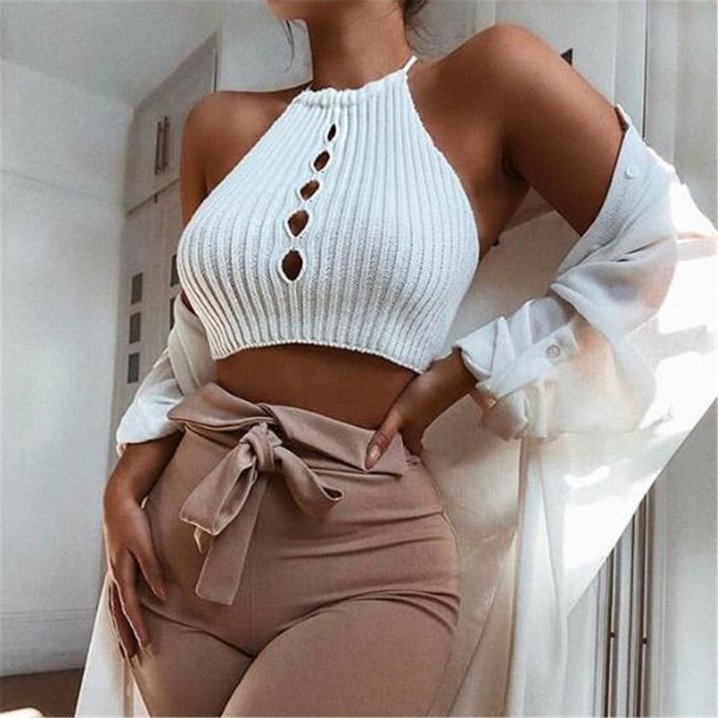 Solid Color Ribbed Halter Crop Top Vest T6950