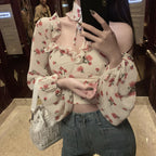 Women's Chiffon Printed Crop Top Long Sleeve Shirt