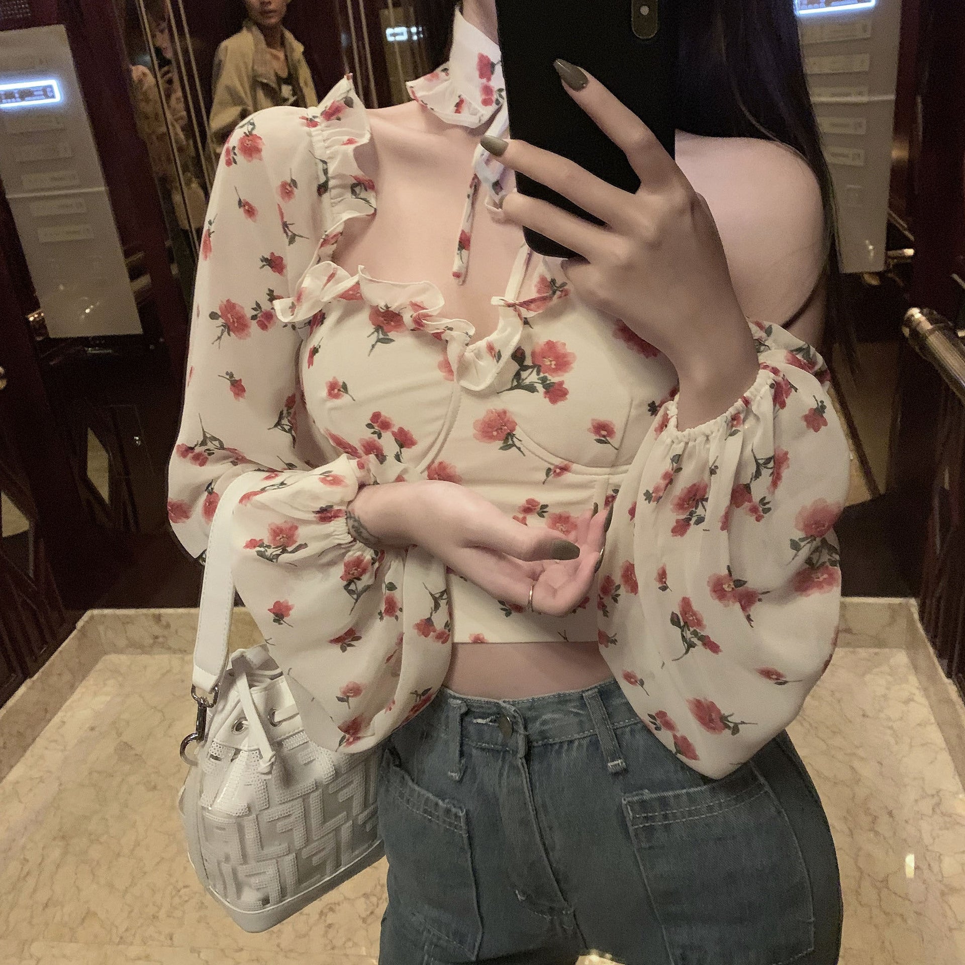 Women's Chiffon Printed Crop Top Long Sleeve Shirt
