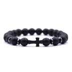 Black Frosted Stone Bracelet with Zircon Cross Inlay