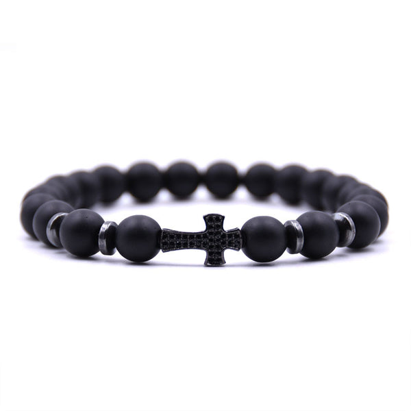 Black Frosted Stone Bracelet with Zircon Cross Inlay