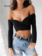 Summer Women's Off Shoulder V Neck Crop Top (S-XL)