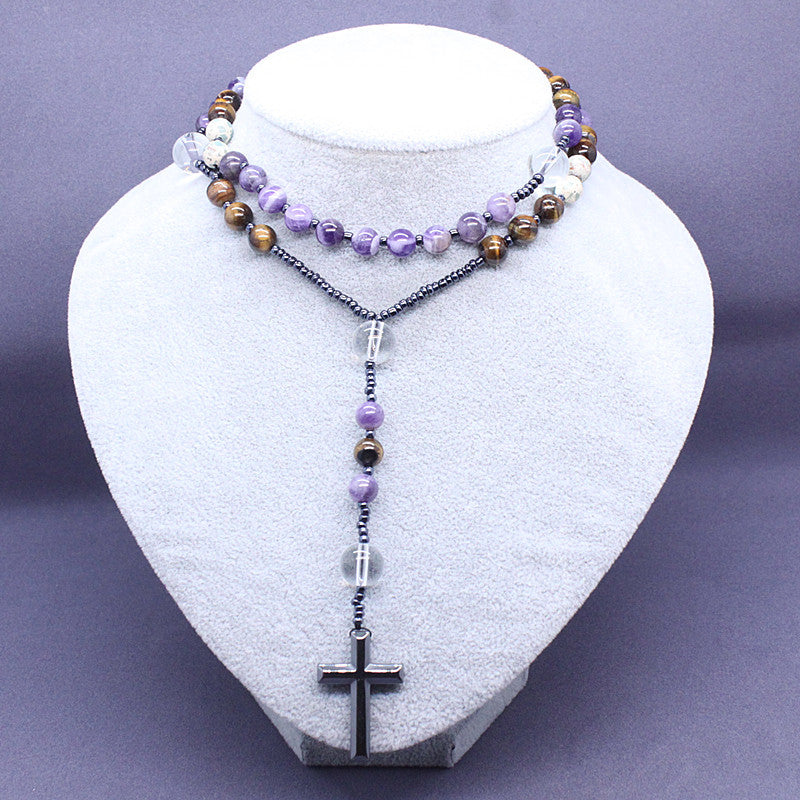 Amethyst and Tiger Eye Stone Rosary Necklace | Christian Jewelry