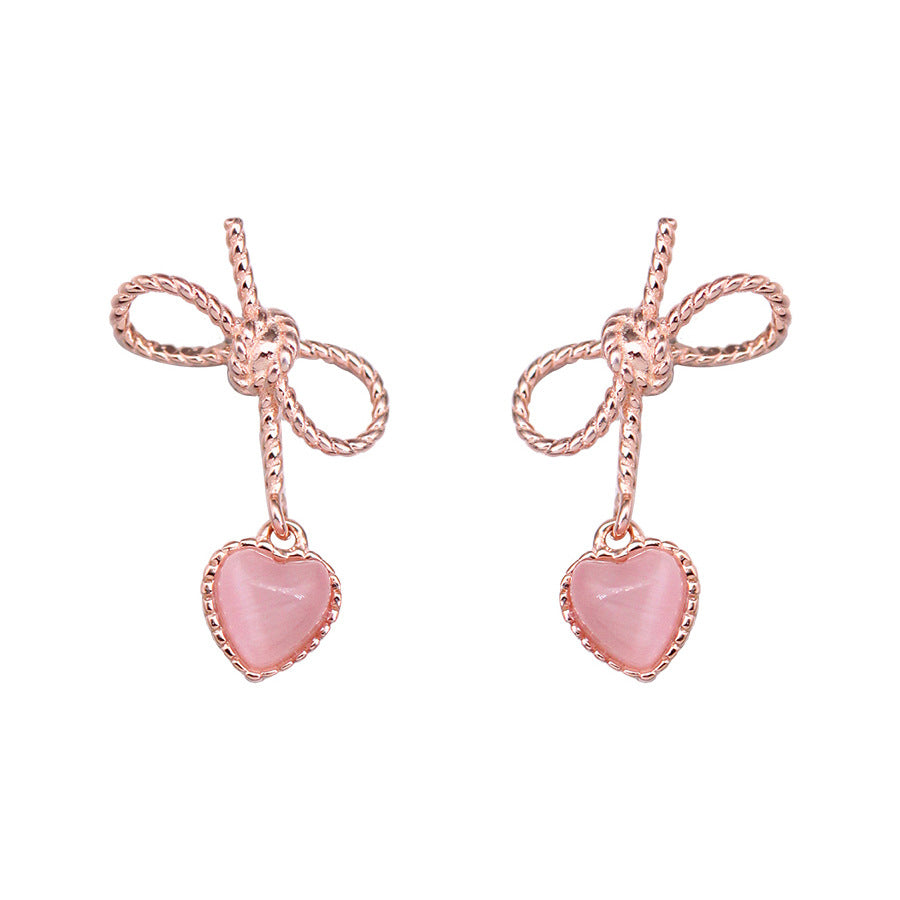 Rose Gold Bow Earrings with Pink Heart Drop