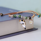 Ceramic Bead Bracelet with Cat and Flower Charm