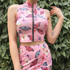 Women's Sexy Butterfly Print Zipper Tank Top Set
