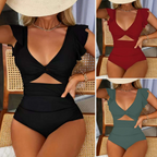 Women's Black Flutter Sleeve Cutout One-Piece Swimsuit