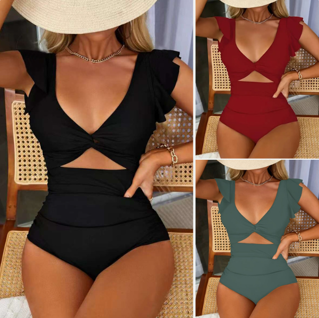 Women's Black Flutter Sleeve Cutout One-Piece Swimsuit