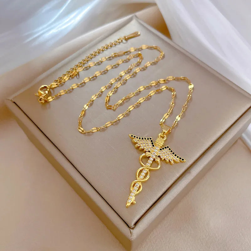 Winged Caduceus Pendant Necklace