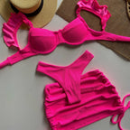 Hot Pink Three-Piece Bikini Set with Skirt